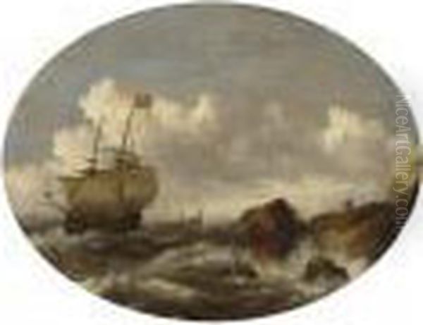 An English Merchantman And Other
 Vessels In A Rough Sea, With A Shipwreck Near The Rocks In The 
Foreground Oil Painting by Bonaventura, the Elder Peeters