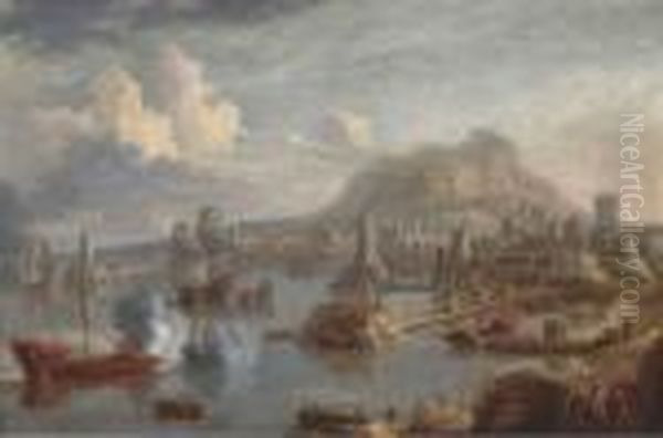 A Capriccio Coastal View Of A Mediterranean Harbour Oil Painting by Bonaventura, the Elder Peeters