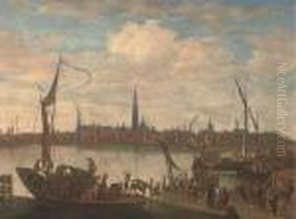 A Dutch Port With Shipping And Figures On The Bank Oil Painting by Bonaventura, the Elder Peeters