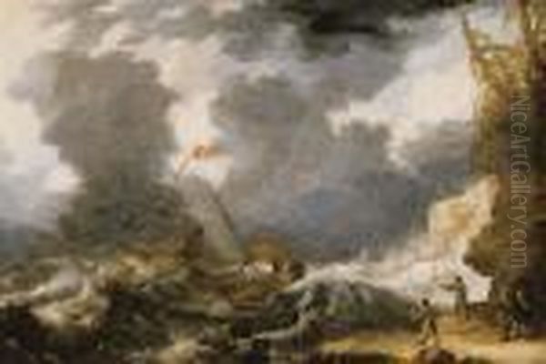 Ships Foundering Off A Rocky Coast Oil Painting by Bonaventura, the Elder Peeters