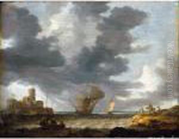 A Breezy Estuary Scene With A Dutch Man-o-war Before A Castle Oil Painting by Bonaventura, the Elder Peeters