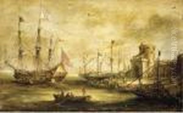 A Dutch Port With A Man-of-war Oil Painting by Bonaventura, the Elder Peeters