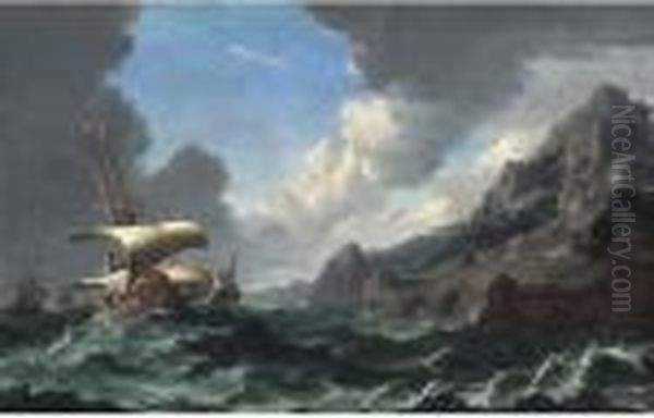 Dutch Shipping In Choppy Waters With A Rocky Coastal Landscape Andmountains Beyond Oil Painting by Bonaventura, the Elder Peeters