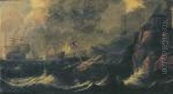 Three-masters And Other Shipping
 In A Storm, Nearby A Rocky Coastwith Travellers Nearby A City Gate Oil Painting by Bonaventura, the Elder Peeters