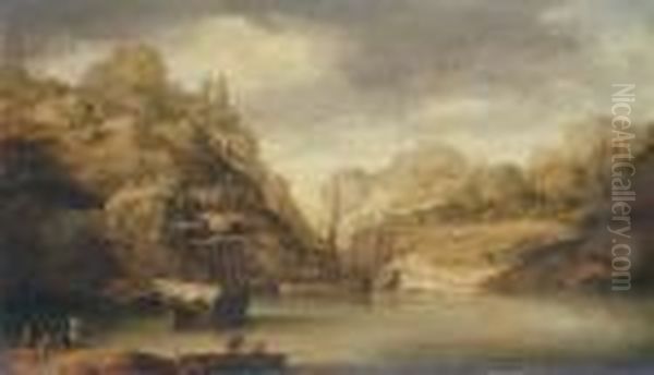 An Estuary With Loggers At A Northern Trading Post Oil Painting by Bonaventura, the Elder Peeters