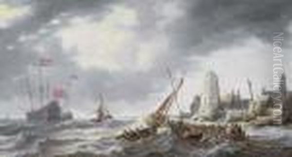 Frigates, Smalschips And Other Shipping In A Stiff Breeze Off A Port Oil Painting by Bonaventura, the Elder Peeters