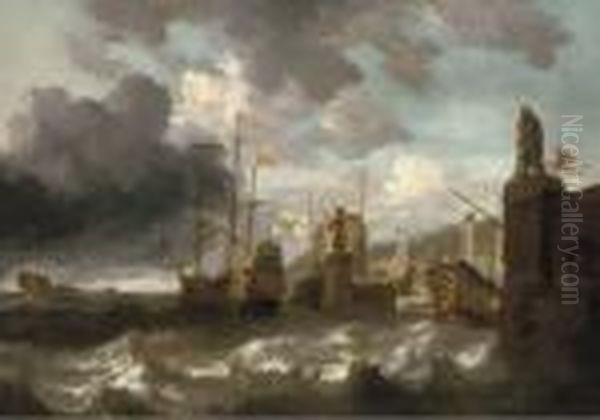 A Coastal Landscape With Men-o'-war In Choppy Seas Outside A Mediterranean Harbour Oil Painting by Bonaventura, the Elder Peeters