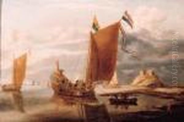 The Zeeland State Yacht On The River Scheld In A Calm Oil Painting by Bonaventura, the Elder Peeters