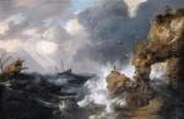 A Whaler Shipwrecked Off A Rocky
 Coast In A Gale, With A Whalerising In The Sea, Other Shipping And 
Survivors On An Outcrop Inthe Foreground Oil Painting by Bonaventura, the Elder Peeters