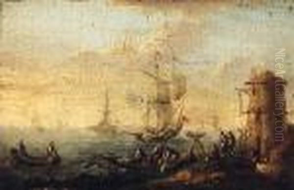 Rowing Boats By A Shoreline, A 
Kaag Beyond; And A Shipwreckedsailing Boat Off A Rocky Coastline Oil Painting by Bonaventura, the Elder Peeters