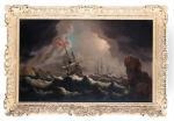 Shipping In A Stormy Sea Off A Rocky Coast Oil Painting by Bonaventura, the Elder Peeters