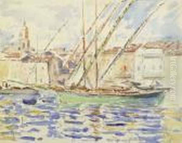 La Tartane Dans Le Port De Saint-tropez Oil Painting by Auguste Pegurier