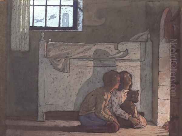 Study of children by a fire, possibly from The Bluebird by Maeterlinck, 1911 Oil Painting by Frederick Cayley Robinson