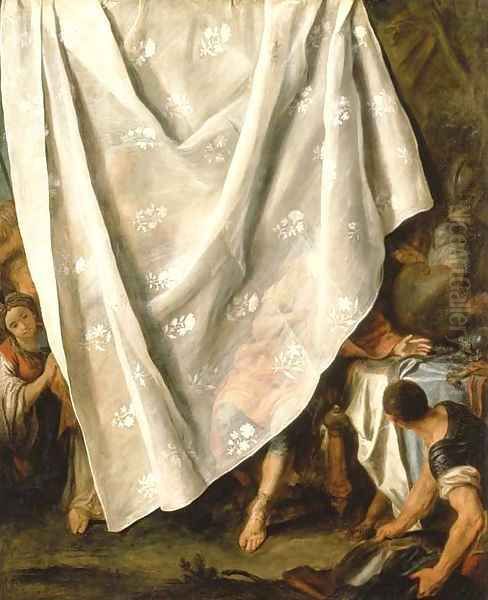 The Meeting of Alexander the Great and Roxana, behind a trompe l'oeil curtain Oil Painting by Pietro Antonio Rotari