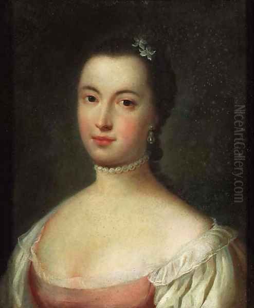 Portrait of a lady, bust length, slightly turned to the left, wearing a pearl necklace Oil Painting by Pietro Antonio Rotari