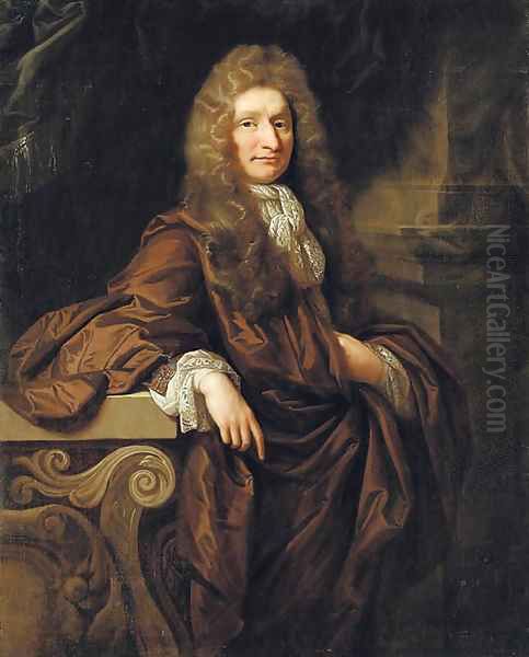 Portrait of a gentleman, three-quarter-length, in a brown cloak, in an interior Oil Painting by John Riley