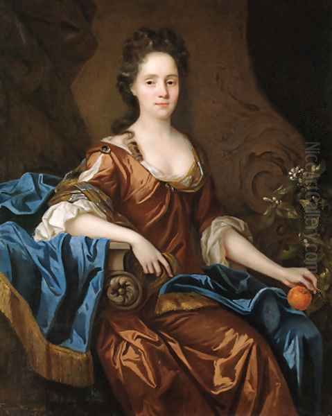 Portrait of Frances Wiat, three-quarter-length, seated, in an ochre dress and blue wrap, holding an orange in her left hand Oil Painting by John Riley