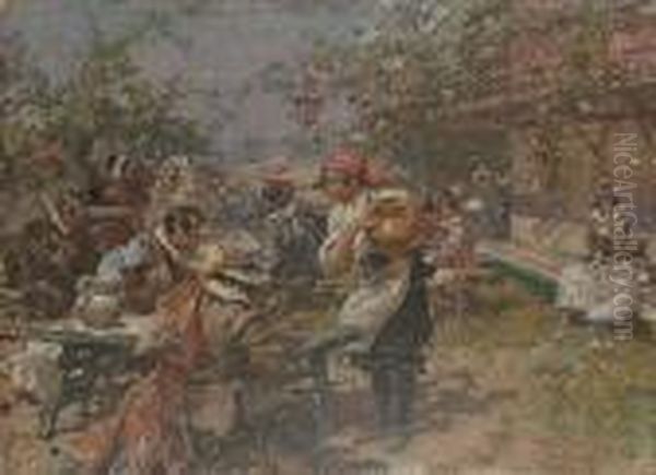 Figures In A Tavern Garden. Oil Painting by Carlo Pellegrini