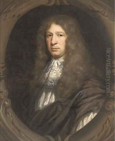 Portrait of Sir John Streynsham Master (1640-1723), bust-length, in brown robes, sculpted cartouche Oil Painting by John Riley