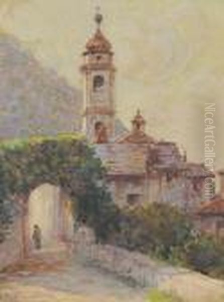 Paesaggio Con Chiesa E Figure Oil Painting by Tito Pellicciotti