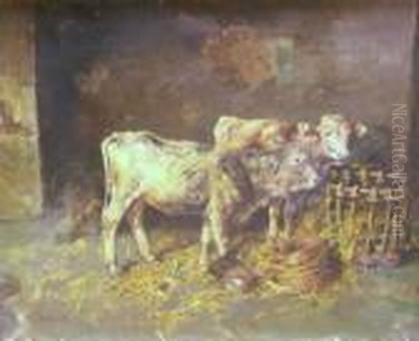 Pellicciotti, Oilpainting On 
Canvas, Calves Feeding In Stable With Chickens In Foreground, Signed 
Lower Left, 37 X 45cm Oil Painting by Tito Pellicciotti