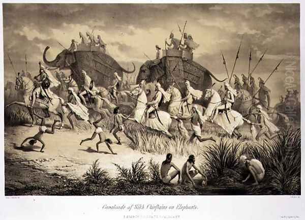 Cavalcade of Sikh Chieftains on Elephants, from Voyage in India, engraved by Louis Henri de Rudder 1807-81 pub. in London, 1858 Oil Painting by Louis Henri de Rudder