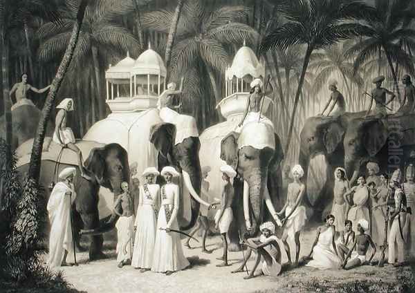 Elephants of the Raja of Travandrum, from Voyage in India, engraved by Louis Henri de Rudder 1807-81 Oil Painting by Louis Henri de Rudder