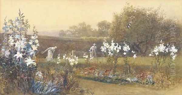 Roland and Mildred Robertson, the artist's children playing shuttlecock in the garden Oil Painting by Charles Robertson