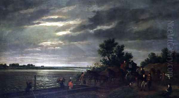 A Carriage and Horses entering a ferry boat on the river Leck in Holland at night Oil Painting by Ramsay Richard Reinagle