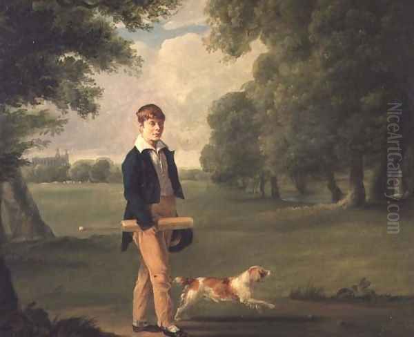 Young Man with a Cricket Bat Walking a Spaniel in the Grounds of Eton College Oil Painting by Ramsay Richard Reinagle