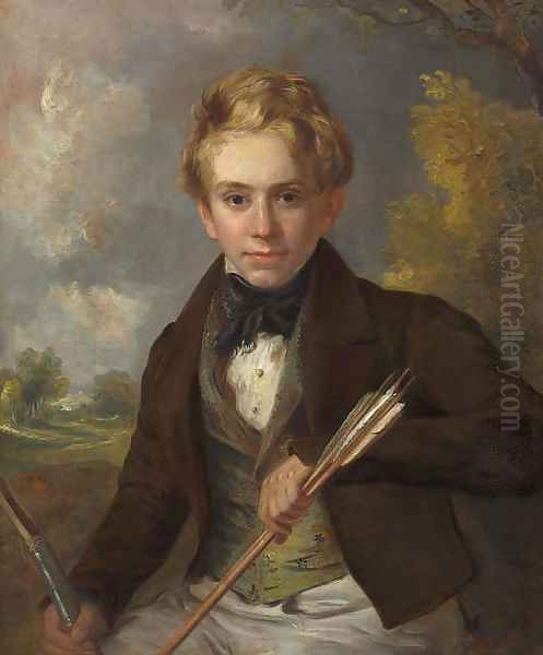 Portrait of a boy, half-length, in a brown jacket and green vest, holding a bow and arrows, in a landscape Oil Painting by Ramsay Richard Reinagle