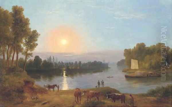 An extensive river landscape, with figures and cattle in the foreground, possibly on the River Thames looking from Petersham Meadows towards Richmond Oil Painting by Ramsay Richard Reinagle