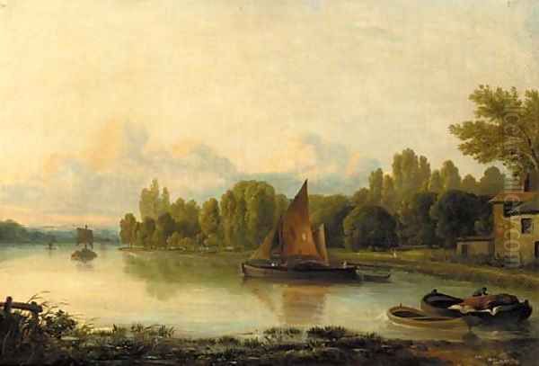 Boats on a tranquil river Oil Painting by Ramsay Richard Reinagle