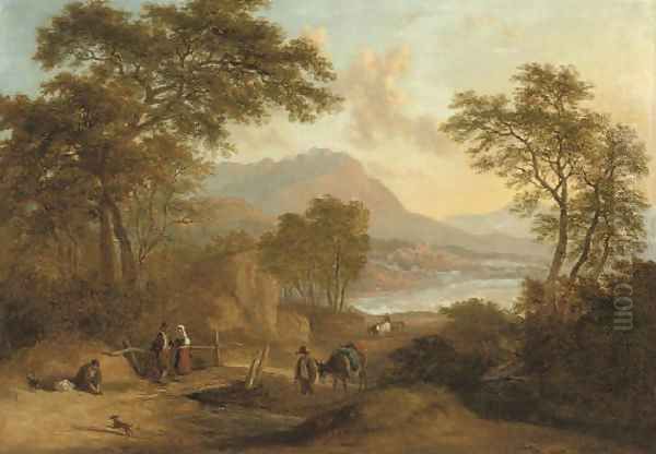 An Alpine river landscape with figures on a track in the foreground, a town beyond Oil Painting by Ramsay Richard Reinagle