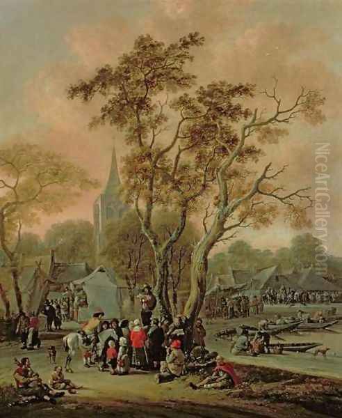 A Village Fair with a Mummer, 1702 Oil Painting by Salomon Rombouts