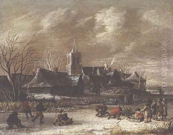 Town in Winter with figures skating Oil Painting by Salomon Rombouts