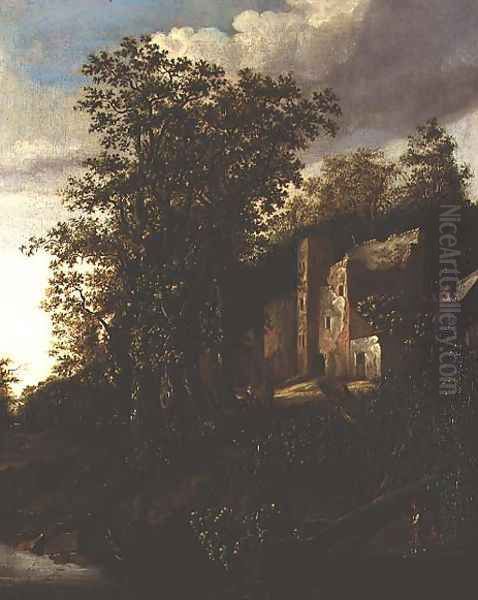 A wooded river landscape with peasants by a ruined manor house Oil Painting by Salomon Rombouts