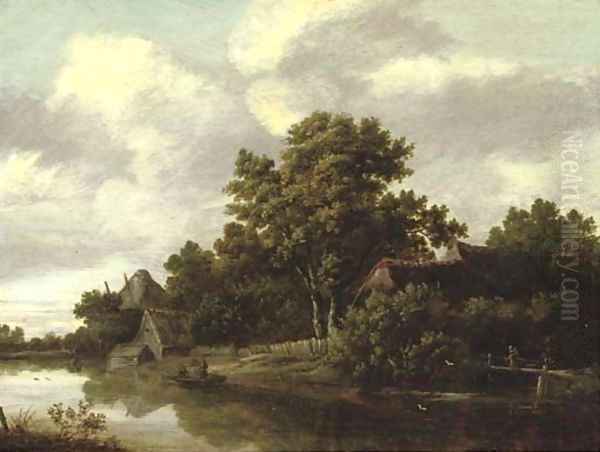 A wooded river landscape with a peasant crossing a bridge and fishermen in a boat, cottages nearby Oil Painting by Salomon Rombouts