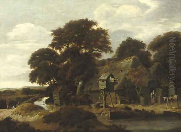 A wooded river landscape with a farmyard and a dovecote Oil Painting by Salomon Rombouts