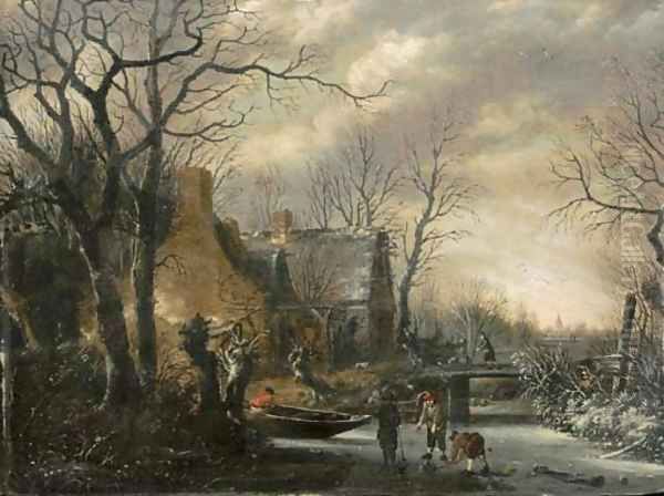 A winter landscape with peasants playing kolf on a frozen river Oil Painting by Salomon Rombouts