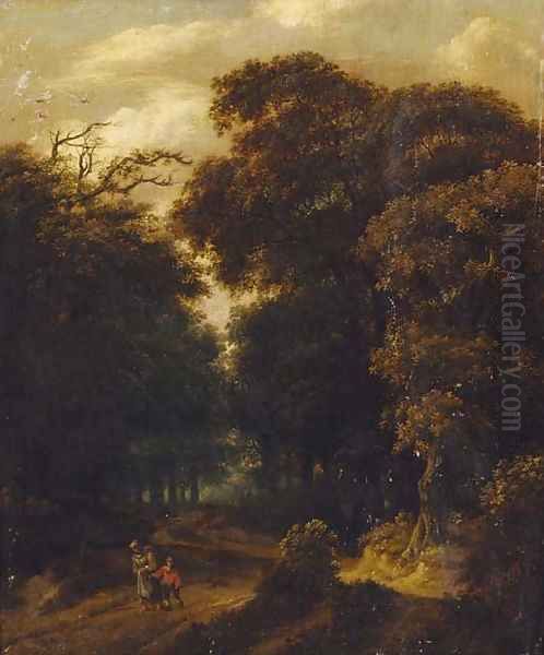 A wooded landscape with a mother and child on a track Oil Painting by Salomon Rombouts