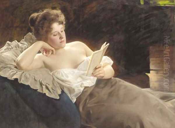 A reclining woman reading Oil Painting by Albert Ritzberger