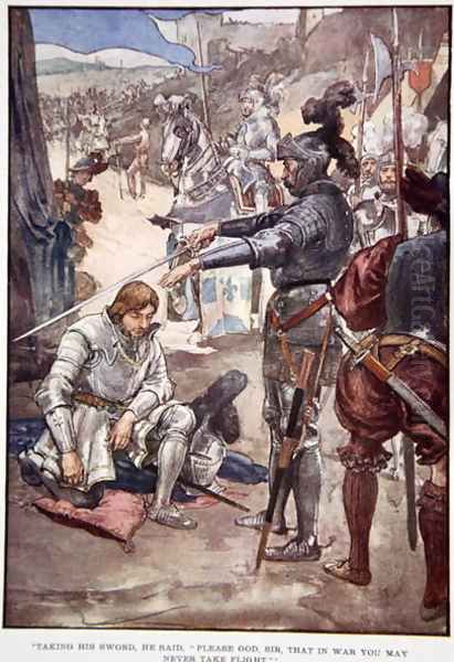 Taking his sword, he said Please God, Sir, that in war you may never take flight, illustration from The Story of France Told to Boys and Girls by Mary Macgregor, 1920 Oil Painting by William Rainey