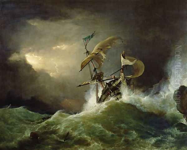 A First rate Man-of-War driven onto a reef of rocks, floundering in a gale Oil Painting by George Philip Reinagle