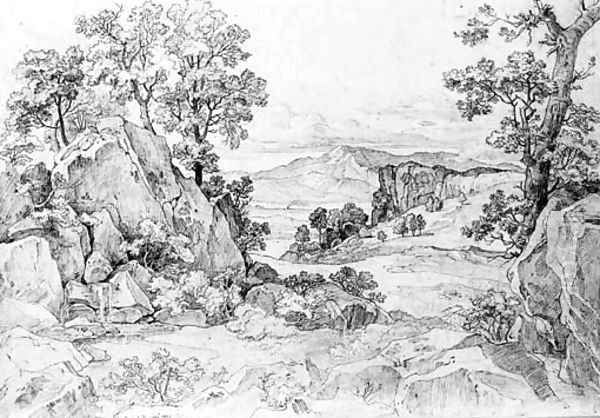 A rocky wooded landscape near Olevano Oil Painting by Heinrich Reinhold