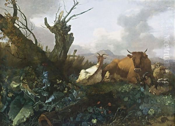 Cow, Goats and Sheep in a Meadow Oil Painting by Willem Romeijn