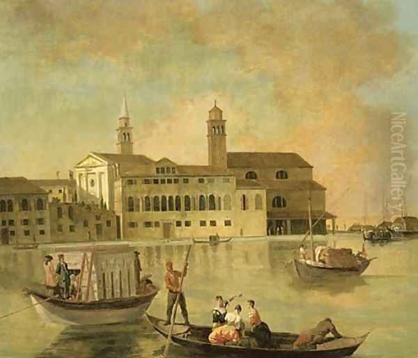 Venice, a view of San Biagio and the church of San Biagio e Cataldo on the Giudecca with elegant figures in a burchiello Oil Painting by Johann Richter