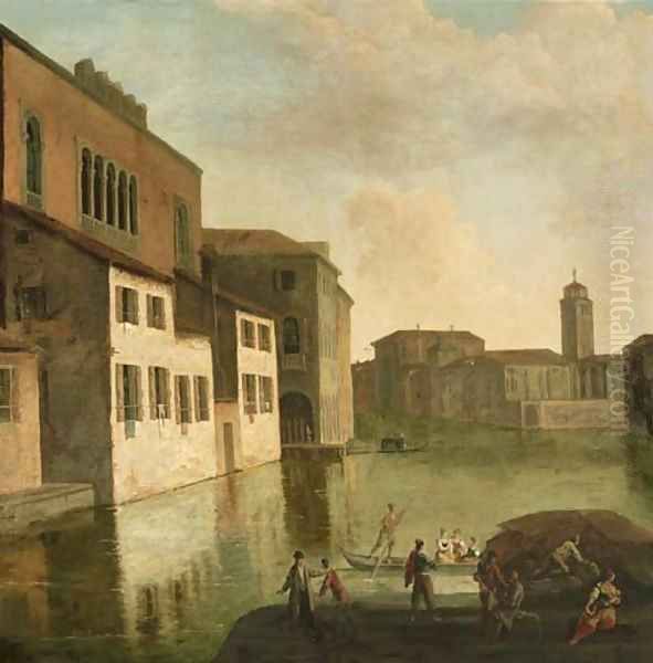 Venice, a view of the Fondaco dei Turchi, the canal of the Canareggio with the church and campanile of San Geremia in the distance Oil Painting by Johann Richter