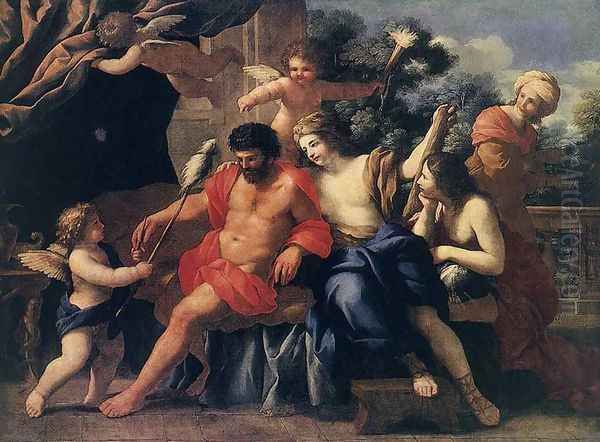 Hercules and Omphale 1650s Oil Painting by Giovanni Francesco Romanelli