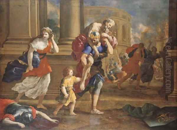 The Flight of Aeneas and his Family from the Sack of Troy Oil Painting by Giovanni Francesco Romanelli